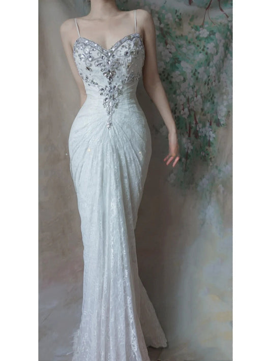 Vintage Spaghetti Strap Mermaid Lace Long Prom Dresses, Vintage Evening Dresses ED03467