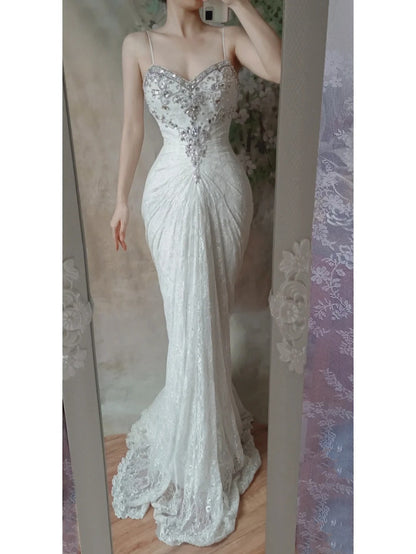 Spaghetti Strap Mermaid Lace Long Prom Dresses, Vintage Evening Dresses HZ1024