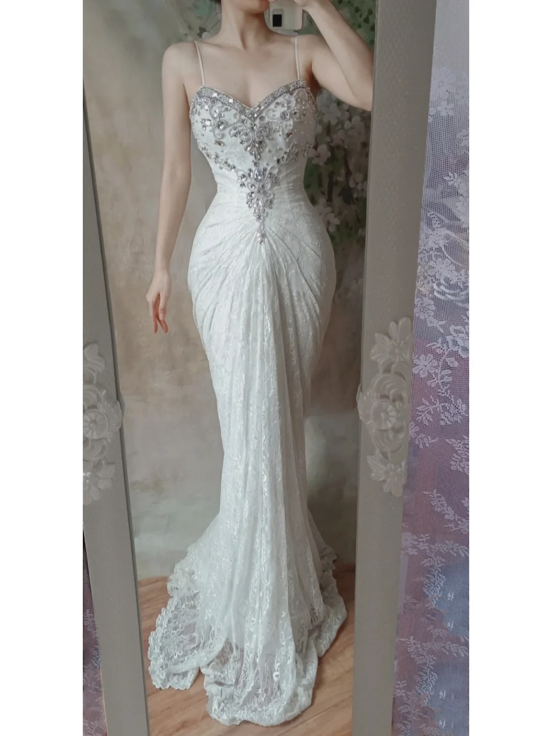Vintage Spaghetti Strap Mermaid Lace Long Prom Dresses, Vintage Evening Dresses ED03467