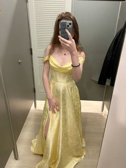 Gold Off-shoulder A-Line Jacquard Satin Long Prom Dresses Sweet Graduation Evening Dresses HZ1024