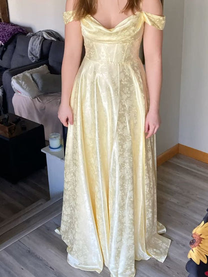 Chic Gold Off-shoulder A-Line Jacquard Satin Long Prom Dresses Sweet Graduation Evening Dresses ED03469