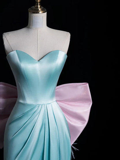 Sweet Blue Sweetheart Neck Sheath Satin Long Birthday Gowns with Bow ED03472