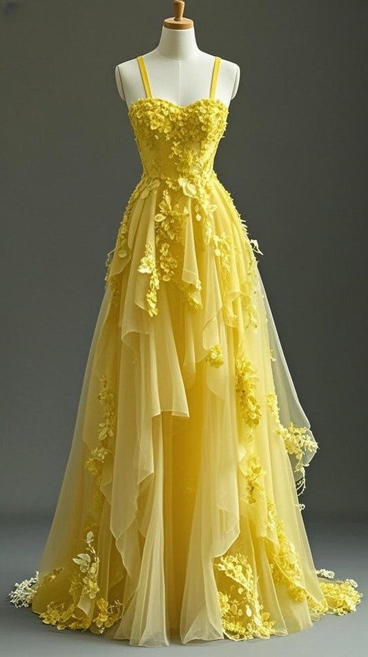 Yellow Spaghetti Strap A-Line Tulle Applique Long Prom Dresses Exotic Birthday Dresses HZ1024