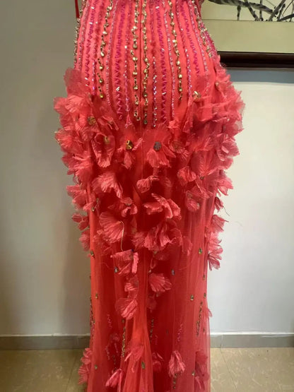 Hot Pink Spaghetti Strap Mermaid Tulle Beaded Long Prom Dress Vintage Evening Dress HZ1024