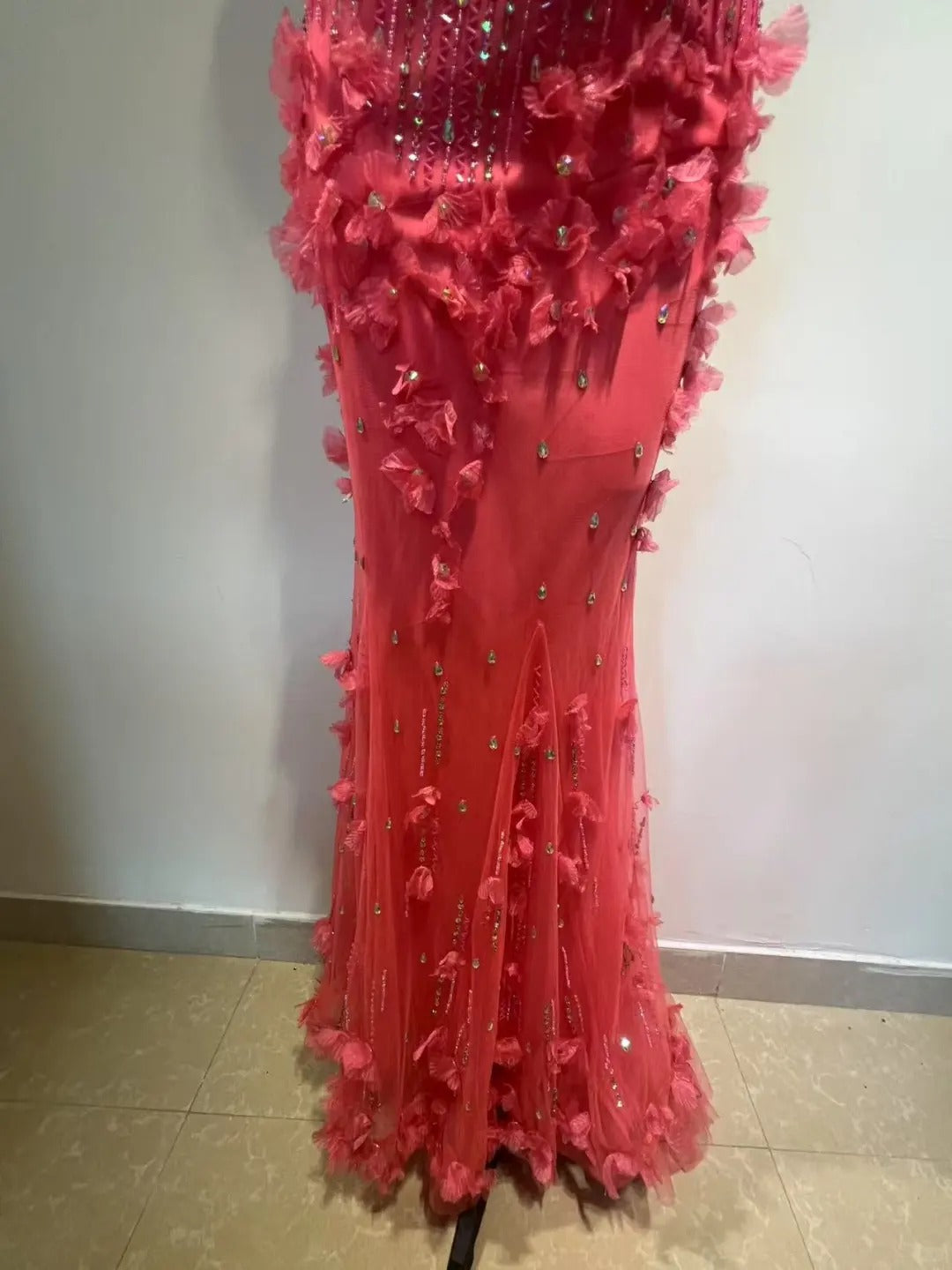 Hot Pink Spaghetti Strap Mermaid Tulle Beaded Long Prom Dress Vintage Evening Dress HZ1024