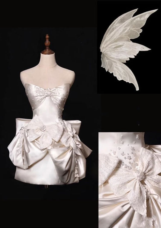 White Strapless A-Line Satin Bow Short Homecoming Dress Birthday Dress HZ1024