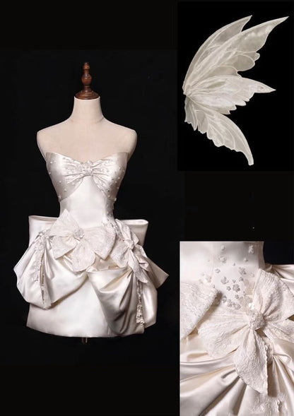 Glamour White Strapless A-Line Satin Bow Short Homecoming Dress Birthday Dress ED03478