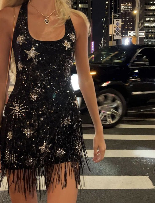 Fashion Black Halter Neck Bodycon Beaded Short Party Dress Homecoming Dress ED03483
