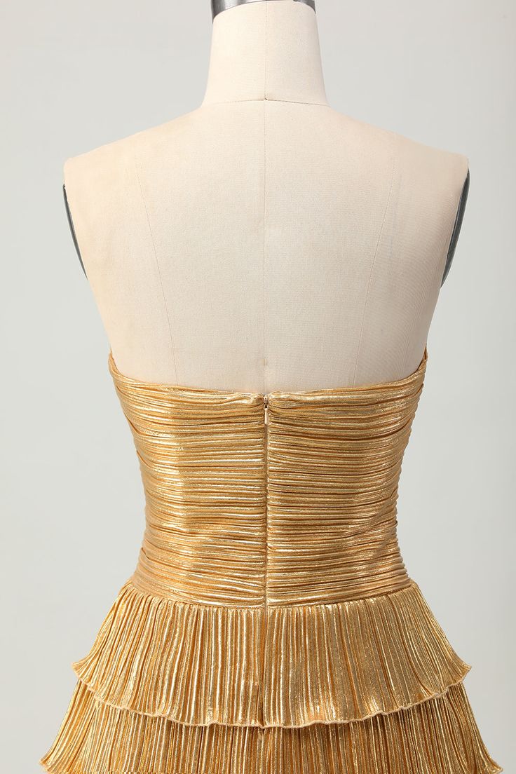 Gold Strapless A-Line Tiered Satin Short Prom Dresses Glitter Homecoming Dress HZ1024