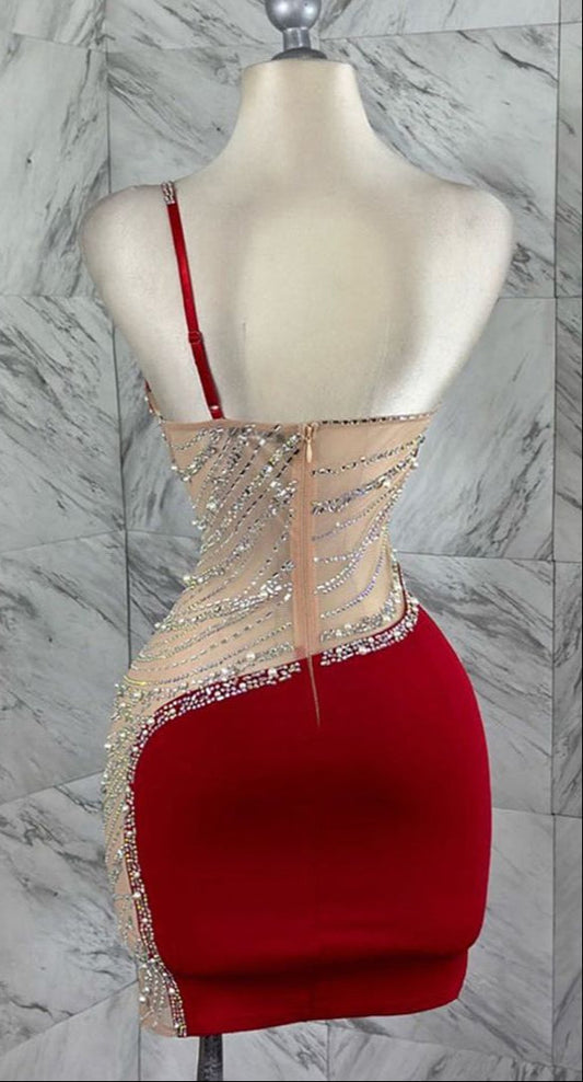 Red Bodycon Satin Beaded Short Birthday Dress Fashion One Shoulder Homecoming Dress HZ1024