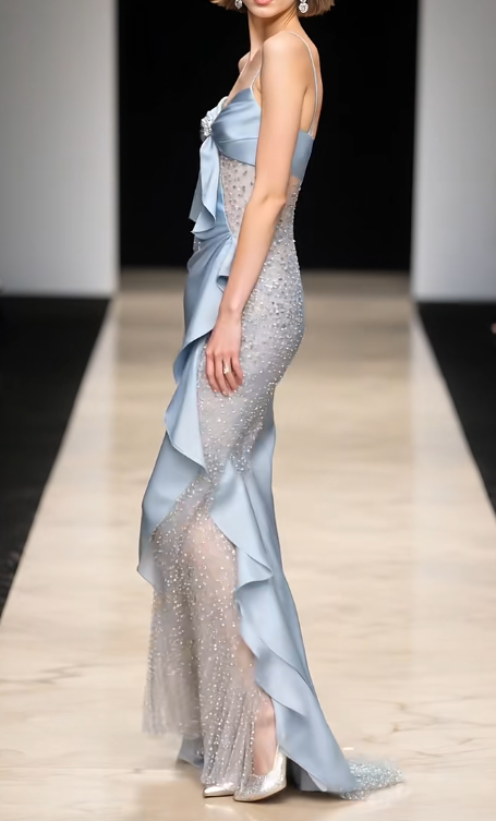 Blue Sheath Tulle Satin Long Prom Dresses Spaghetti Strap Evening Gowns with Beading HZ1024