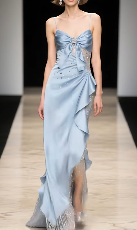 Blue Sheath Tulle Satin Long Prom Dresses Spaghetti Strap Evening Gowns with Beading HZ1024