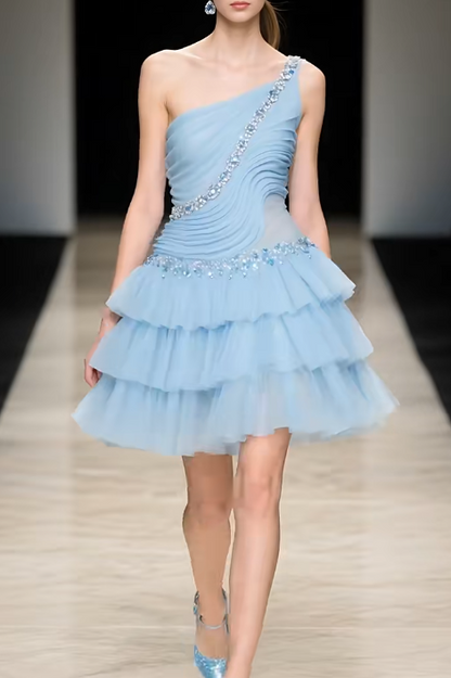 Elegant Gray Blue A-Line One Shoulder Satin Tulle Rhinestone Short Homecoming Dresses ED03507