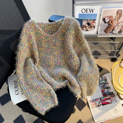 Gentle colorful V-neck lantern sleeve sweater ED0352