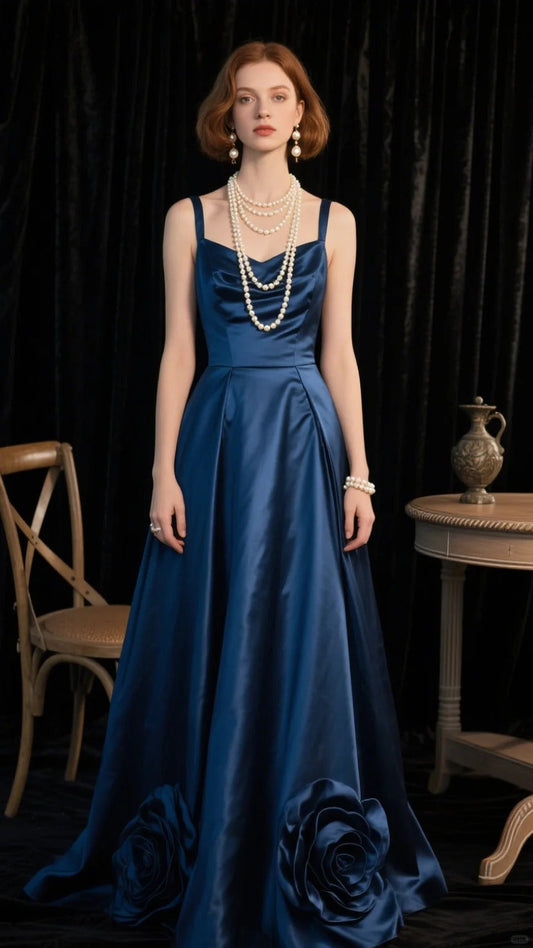 Blue Spaghetti Strap A-Line Stunning Prom Dresses Satin Elegant Formal Dresses HZ1024