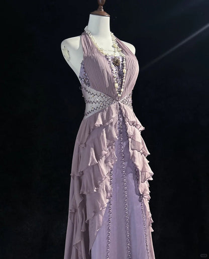 Gorgeous V-neck A-Line Chiffon Tulle Long Prom Dresses Gray Purple Vintage Evening Gowns ED03537