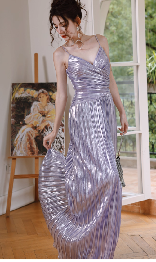Sparkly Purple A-Line Long Prom Dresses Spaghetti Straps Slit Formal Dress ED03541