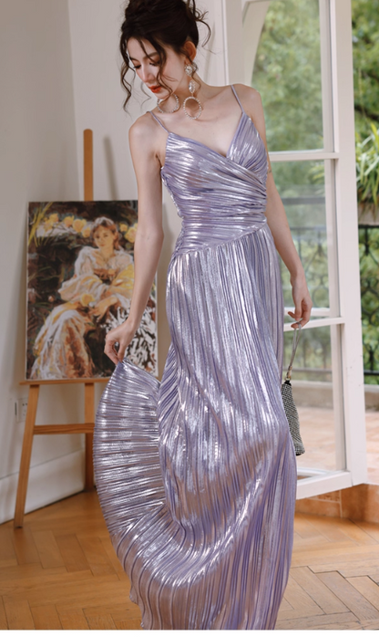 Sparkly Purple A-Line Long Prom Dresses Spaghetti Straps Slit Formal Dress ED03541