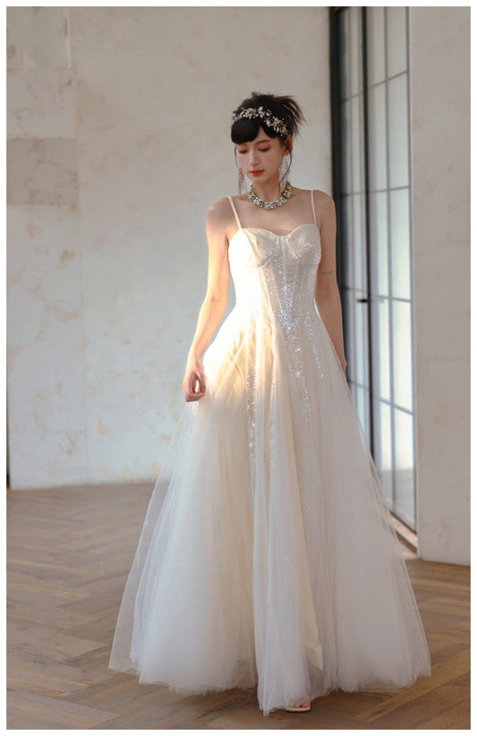 Apricot A-Line A-Line Spaghetti Strap Party Dress, Tulle Sweet Birthday Outfit HZ1024
