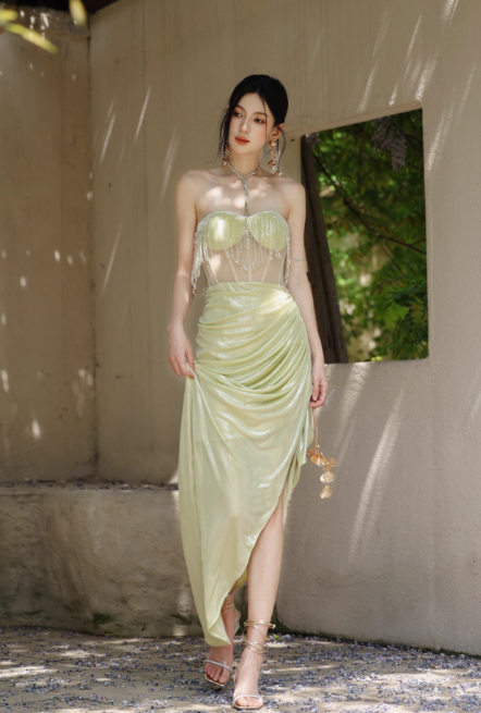 Sweetheart Sheath Satin Birthday Dresses Slits Starfruit Yellow Evening Gowns HZ1024