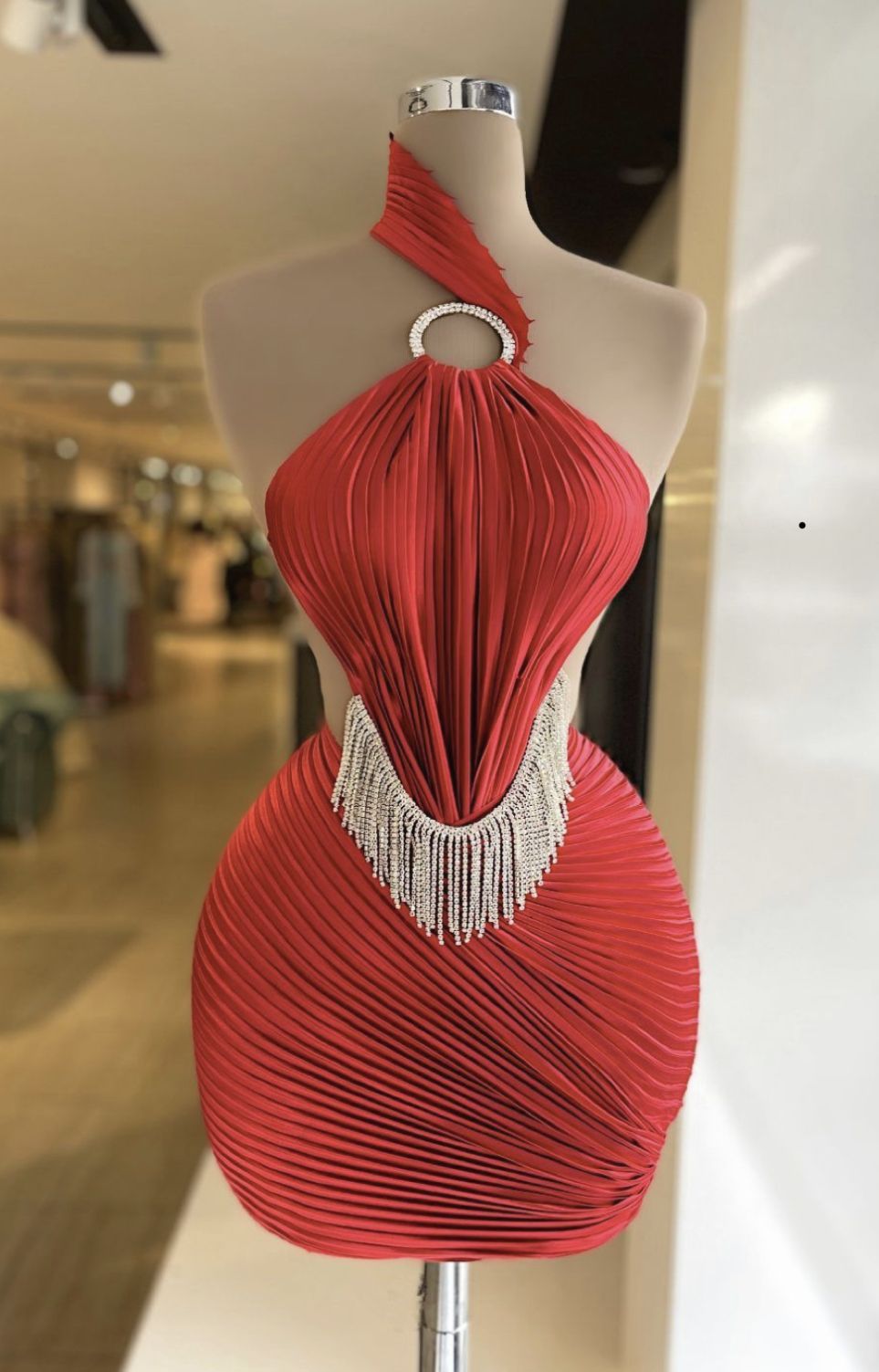 Red Bodycon Short Pleated Party Dresses One Shoulder Fashion Homecoming Dresses with Tassels HZ1024