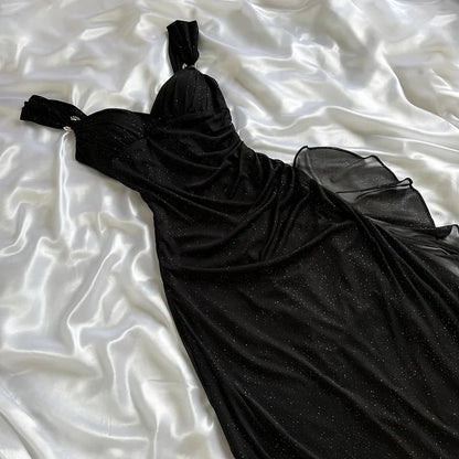 Glitter Black Sweetheart Neck Bodycon Birthday Dresses Ruffle Chiffon Formal Dresses Party Dress ED03551