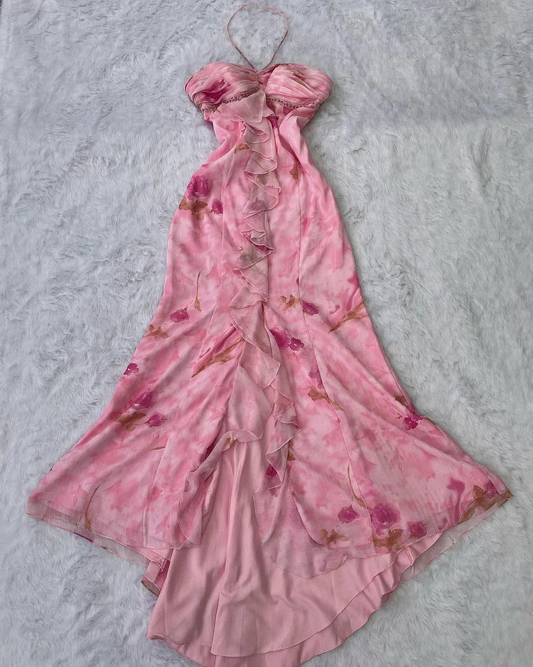 Chic Pink Halter Sheath Birthday Outfit Printed Chiffon Retro Party Dress Formal Dress ED03553