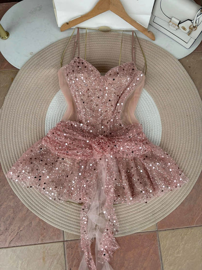Pink Spaghetti Strap 16th Birthday Dress Glitter Sequin A-Line Homecoming Dresses HZ1024