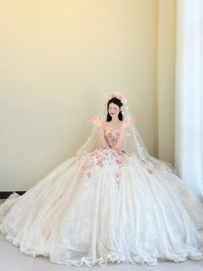 White Strapless 3D Rose Tulle Wedding Dress Long Ball Gowns Gorgeous Bridal Dress Quinceanera Dress HZ1024