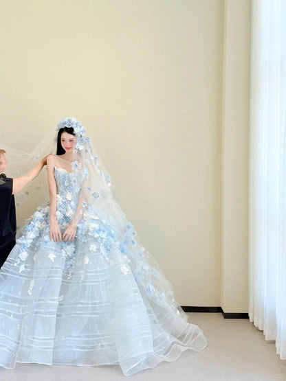 Light Blue Strapless Long Ball Gowns Tulle Applique Wedding Dress Fairytale Bridal Dress Quincea?era Dress HZ1024
