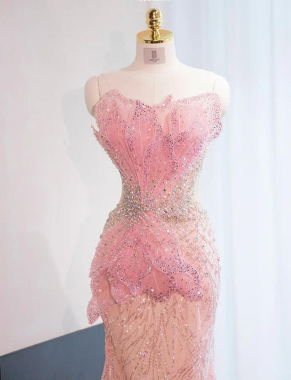 Sparkly Pink Mermaid Formal Dress Tulle Sequins Sweet 16 Dress Strapless Prom Dress with Rhinestones ED03584