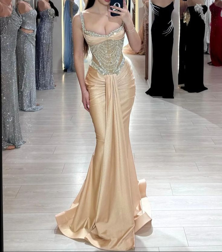 Champagne Mermaid Formal Evening Gowns Spaghetti Straps Satin Corset Rhinestone Party Dresses Elegant Graduation Prom Dresses HZ1024