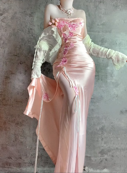 Elegant Pink Strapless Sheath Formal Evening Dress Satin Applique Vintage Birthday Dress ED03588