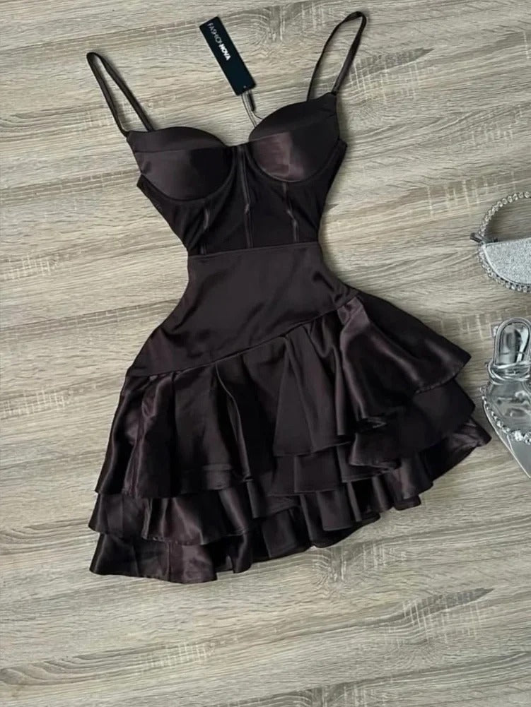 Dark Brown Spaghetti Strap Short Party Dress Satin A-Line 16th Birthday Outfit Middle School Hoco Dresses HZ1024