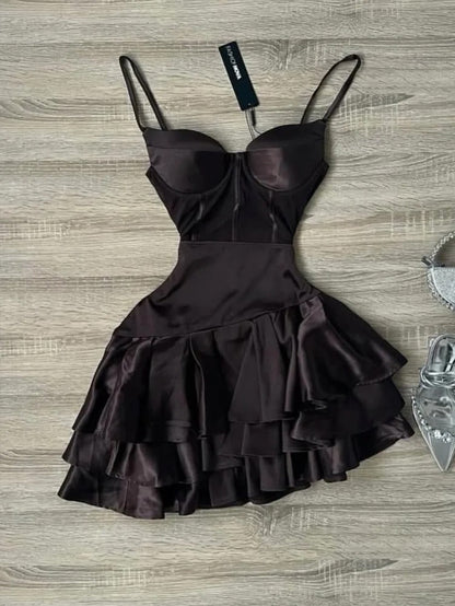 Dark Brown Spaghetti Strap Short Party Dress Satin A-Line 16th Birthday Outfit Middle School Hoco Dresses HZ1024