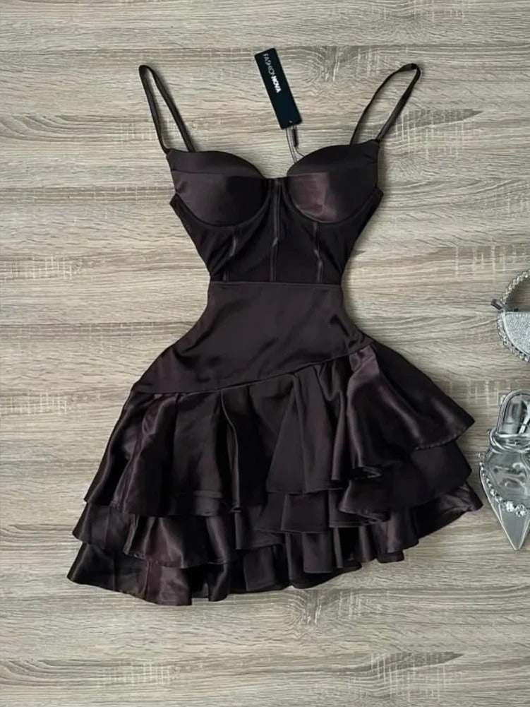 Modest Dark Brown Spaghetti Strap Short Party Dress Satin A-Line 16th Birthday Outfit Middle School Hoco Dresses ED03592