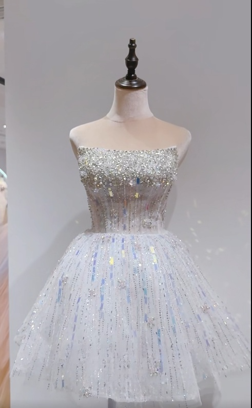 White Strapless Short Ball Gown Tulle Sequin Homecoming Dress Sweet 16 Dress HZ1024