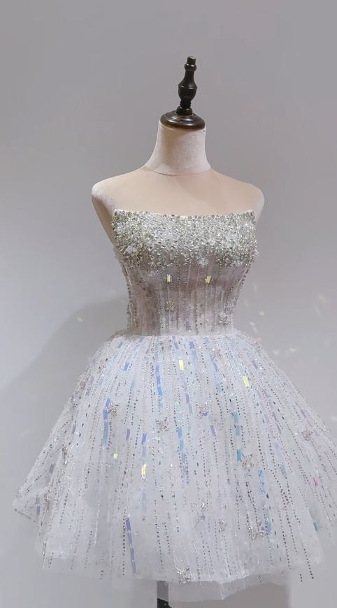 White Strapless Short Ball Gown Tulle Sequin Homecoming Dress Sweet 16 Dress HZ1024