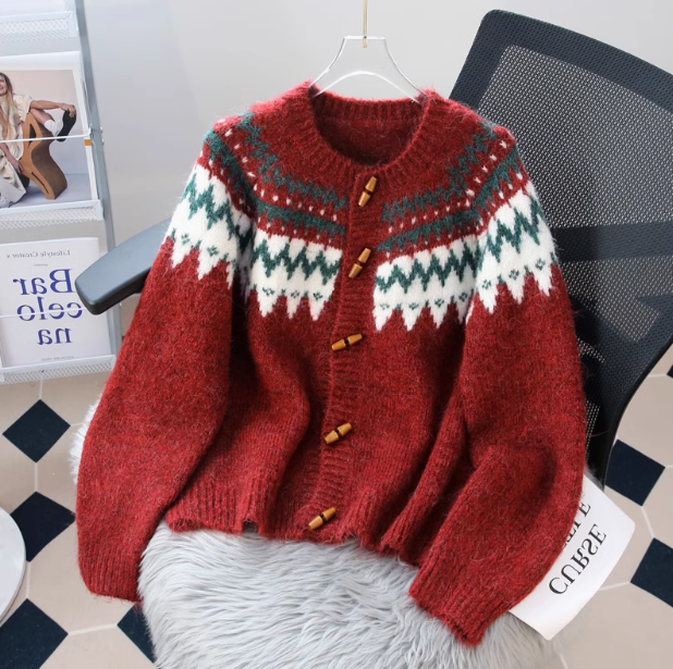 Vintage Horn Button Fair Isle Thick Knit Cardigan ED0359