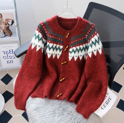 Vintage Horn Button Fair Isle Thick Knit Cardigan ED0359
