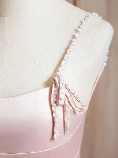 A-Line Satin Beads Pink Long Prom Dress, Pink Long Formal Dress ED036