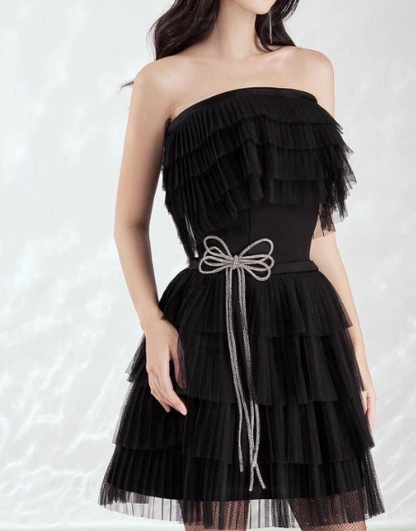 Black Strapless A-Line Short Birthday Party Dress Layered Tulle Homecoming Dress Elegant Graduation Dress HZ1024
