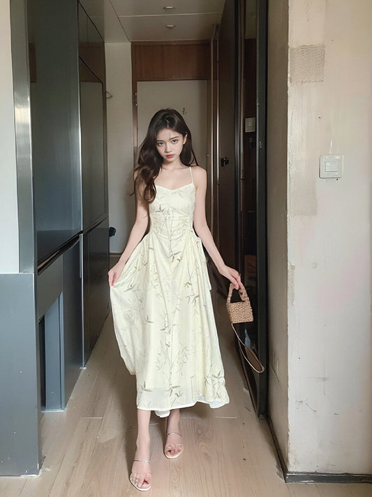 Chinese bamboo print satin pleated waist suspender dress HZ1024