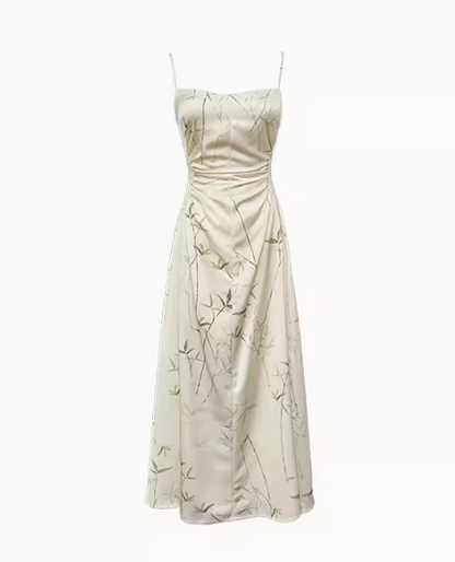 Chinese bamboo print satin pleated waist suspender dress HZ1024