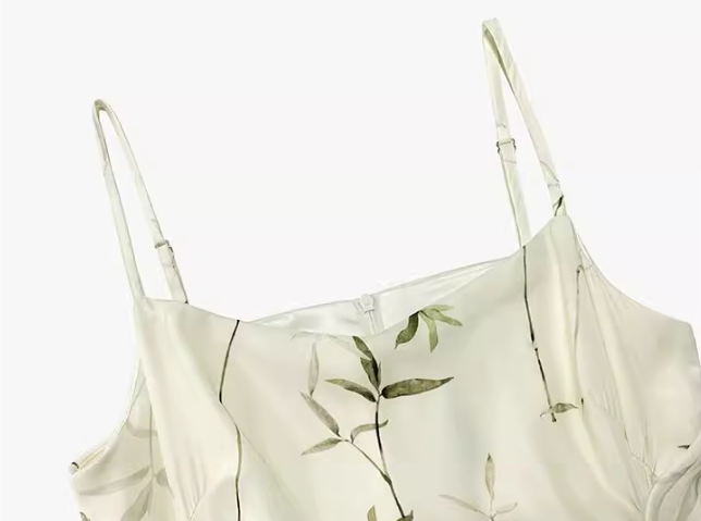 Chinese bamboo print satin pleated waist suspender dress HZ1024