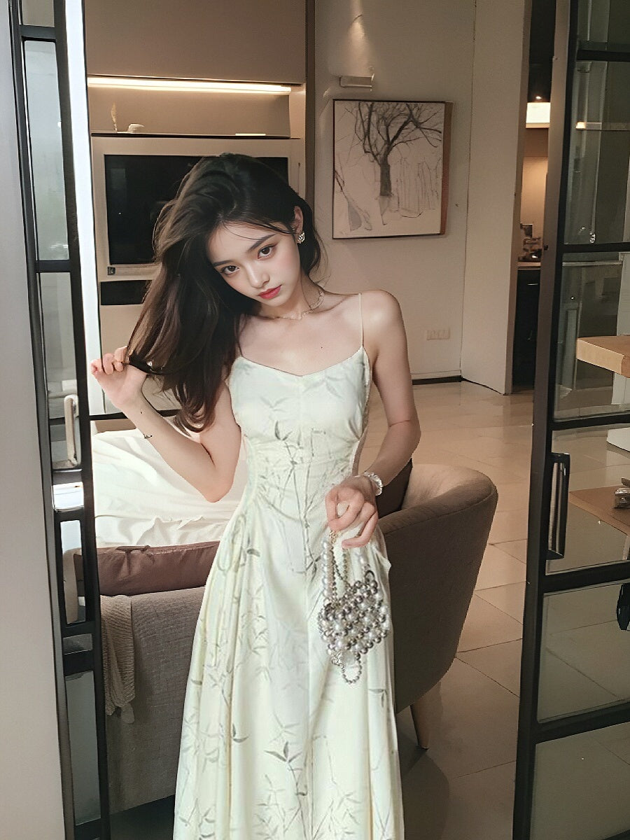 Chinese bamboo print satin pleated waist suspender dress HZ1024