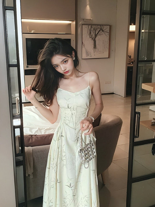 Chinese bamboo print satin pleated waist suspender dress HZ1024
