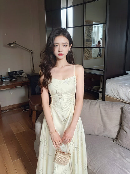 Chinese bamboo print satin pleated waist suspender dress HZ1024
