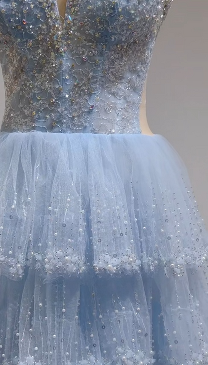 Blue Sweetheart Tulle Ball Gown Beaded Quincea?era Dress Sweet 16 Dress HZ1024
