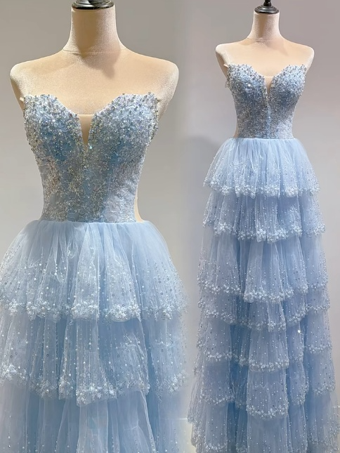 Blue Sweetheart Tulle Ball Gown Beaded Quincea?era Dress Sweet 16 Dress HZ1024